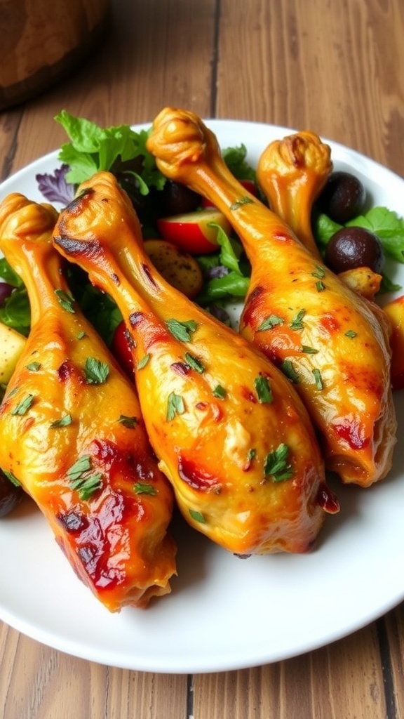 Baked chicken drumsticks on a plate with herbs and vegetables.